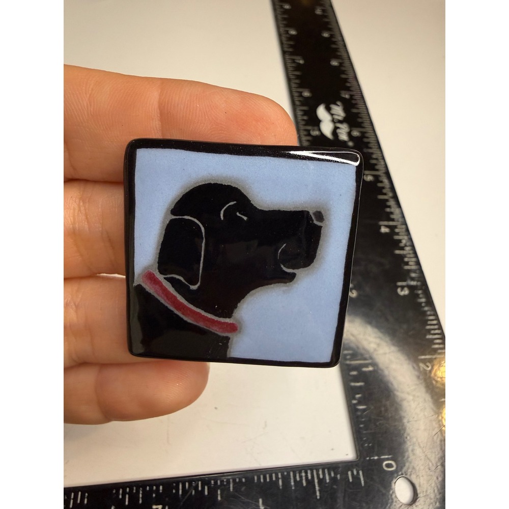 Handmade Ceramic Black Lab Dog Brooch Square Artisan Pottery Pin Blue Red Collar